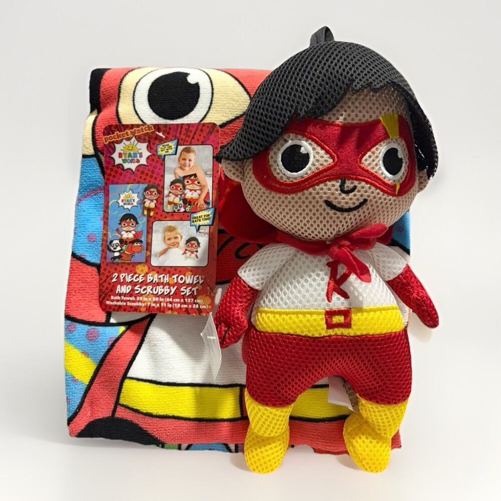 Ryan’s World Superhero Bath Towel & Scrubby Set Kids Bathroom 2 Piece NEW